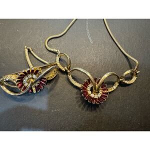 Corocraft Necklace/ Bracelet Set Red And Clear Vintage 15” 1 Missing Stone